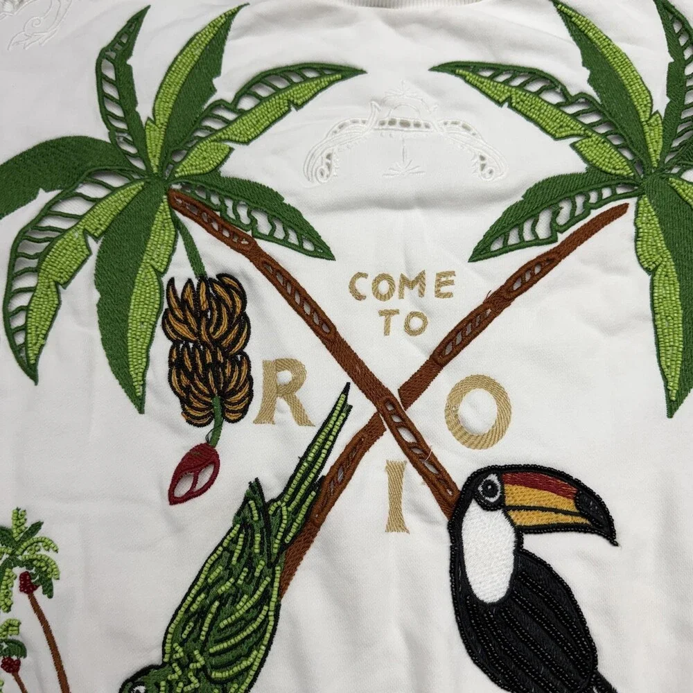 Farm Rio Sweatshirt Womens Large Multicolor Tropical Birds Beaded Embroidered